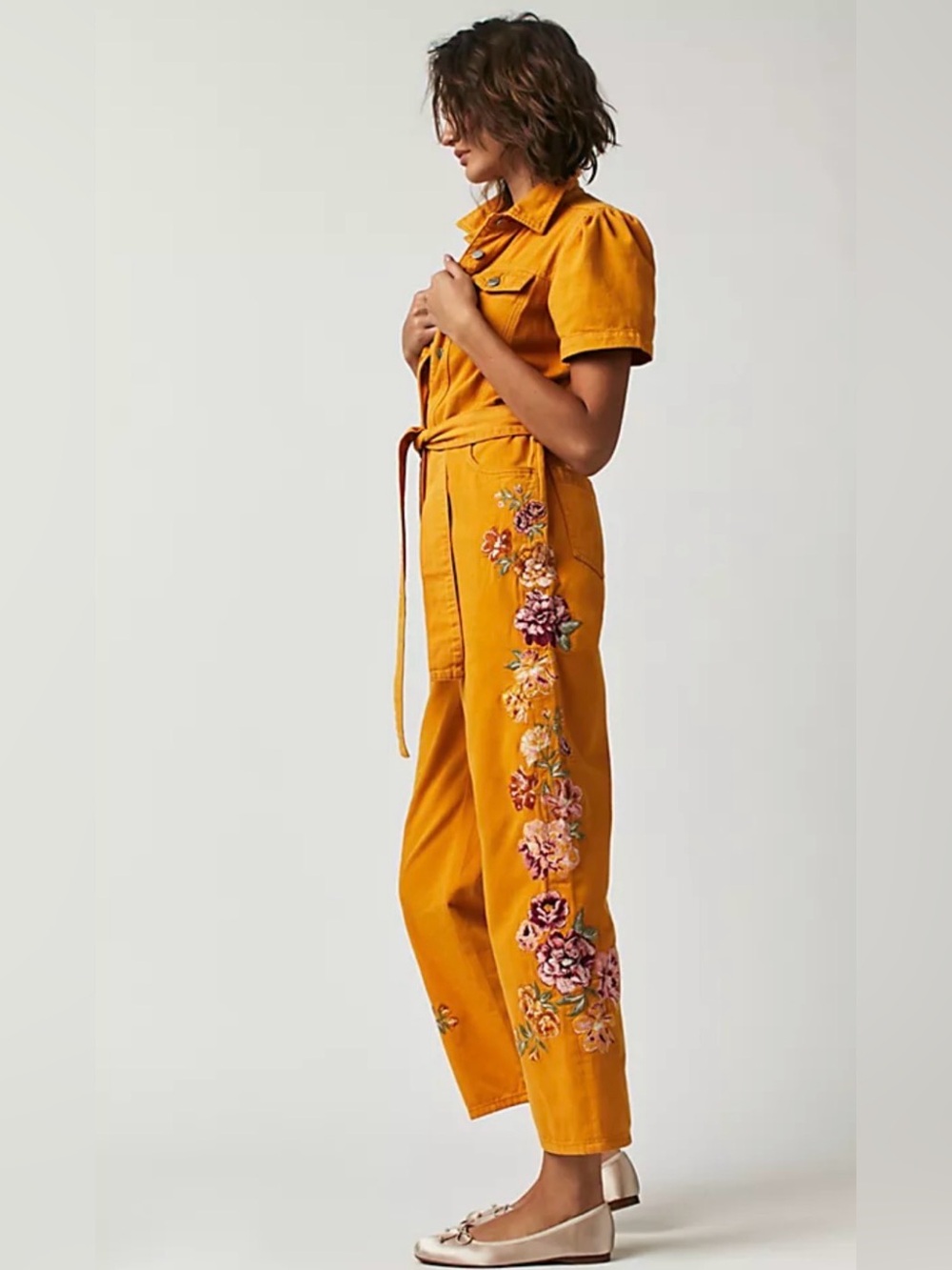Driftwood Denim Jumpsuit with Floral Embroidery